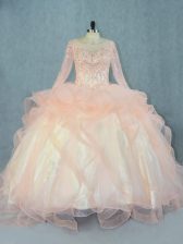  Peach Ball Gowns Tulle Scoop Long Sleeves Beading and Ruffles Floor Length Lace Up 15th Birthday Dress