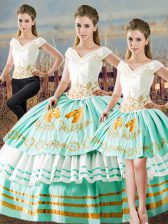  Apple Green Satin Lace Up V-neck Sleeveless Floor Length Ball Gown Prom Dress Embroidery and Ruffled Layers
