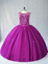  Purple Ball Gowns Scoop Sleeveless Tulle Floor Length Lace Up Beading 15 Quinceanera Dress