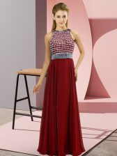 Top Selling Chiffon Scoop Sleeveless Side Zipper Beading Prom Gown in Red