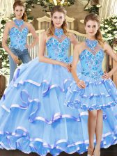  Blue Three Pieces Embroidery and Ruffled Layers Quinceanera Gown Lace Up Organza Sleeveless Floor Length