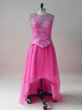  Hot Pink Homecoming Dress Prom and Party and Military Ball with Beading Scoop Sleeveless