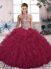  Floor Length Burgundy Sweet 16 Dress Tulle Sleeveless Beading and Ruffles