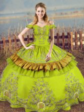Stylish Embroidery Quinceanera Gown Olive Green Lace Up Sleeveless Floor Length