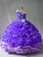  Sleeveless Floor Length Pick Ups and Hand Made Flower Lace Up Sweet 16 Dresses with Purple