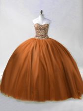  Beading Quinceanera Gowns Brown Lace Up Sleeveless Floor Length