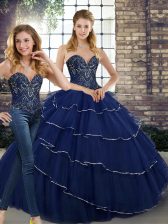 Fitting Navy Blue Sweetheart Neckline Beading and Ruffled Layers 15th Birthday Dress Sleeveless Lace Up
