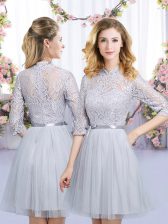High End Empire Quinceanera Dama Dress Grey High-neck Tulle Half Sleeves Mini Length Zipper