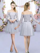 Elegant 3 4 Length Sleeve Lace Up Mini Length Lace and Belt Dama Dress