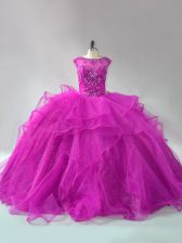  Scoop Long Sleeves Organza Vestidos de Quinceanera Beading and Ruffles Brush Train Lace Up