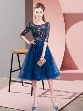  Navy Blue Empire Scoop Half Sleeves Tulle Knee Length Lace Up Embroidery Damas Dress