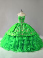 Smart Sweetheart Sleeveless Quinceanera Dresses Floor Length Embroidery and Ruffles Organza