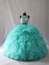  Aqua Blue Ball Gowns Scoop Sleeveless Organza Brush Train Zipper Beading and Ruffles Quinceanera Gowns