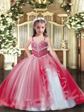 Nice Red Ball Gowns Beading Little Girls Pageant Dress Lace Up Tulle Sleeveless Floor Length