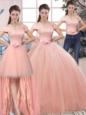  Pink Short Sleeves Lace and Hand Made Flower Floor Length Quince Ball Gowns