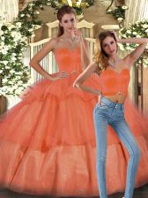 High Class Floor Length Orange Sweet 16 Dress Organza Sleeveless Ruffled Layers