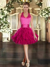 High Quality Mini Length Fuchsia Evening Dress Halter Top Sleeveless Lace Up