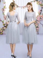 Beautiful Half Sleeves Lace Up Tea Length Lace and Belt Vestidos de Damas