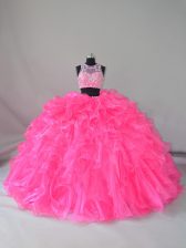 Eye-catching Scoop Sleeveless Court Train Zipper Quinceanera Gown Hot Pink Organza