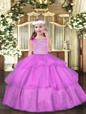 Inexpensive Floor Length Lilac Little Girls Pageant Gowns Organza Sleeveless Beading and Ruffled Layers