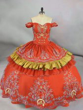  Ball Gowns Sweet 16 Dresses Orange Red Off The Shoulder Satin Sleeveless Floor Length Lace Up