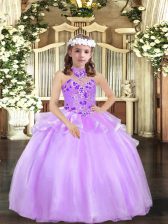 Stylish Floor Length Lace Up Girls Pageant Dresses Lavender for Party and Wedding Party with Appliques
