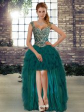Traditional High Low Dark Green Evening Dress Organza Sleeveless Beading and Ruffles