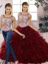  Sleeveless Organza Floor Length Lace Up Ball Gown Prom Dress in Burgundy with Beading and Ruffles