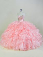 On Sale Peach Quinceanera Gown Organza Sleeveless Beading and Ruffles