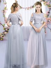 Smart Lace and Belt Quinceanera Court Dresses Grey Zipper Sleeveless Floor Length