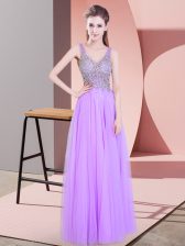  Floor Length Lavender Prom Party Dress V-neck Sleeveless Zipper
