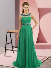 Vintage Chiffon Scoop Sleeveless Brush Train Zipper Beading Evening Dress in Green