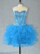 Elegant Sleeveless Organza Mini Length Lace Up Prom Gown in Aqua Blue with Beading and Ruffles