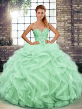 Customized Sweetheart Sleeveless Quince Ball Gowns Floor Length Beading and Ruffles Apple Green Tulle