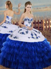  Royal Blue Ball Gowns Sweetheart Sleeveless Organza Floor Length Lace Up Embroidery and Ruffled Layers Sweet 16 Quinceanera Dress