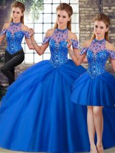 Dramatic Blue 15th Birthday Dress Halter Top Sleeveless Brush Train Lace Up