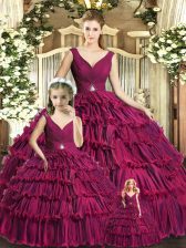 Luxurious Burgundy Sleeveless Floor Length Ruffled Layers Backless Ball Gown Prom Dress