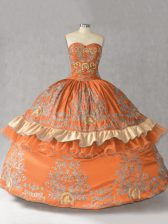 Artistic Sleeveless Floor Length Embroidery Lace Up Ball Gown Prom Dress with Orange
