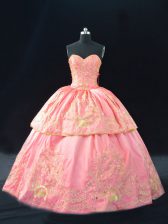  Pink Lace Up Quince Ball Gowns Embroidery Sleeveless