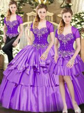 Lovely Organza and Taffeta Sleeveless Floor Length 15th Birthday Dress and Beading and Ruffled Layers