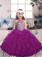  Floor Length Purple Little Girl Pageant Gowns Tulle Sleeveless Beading and Ruffles
