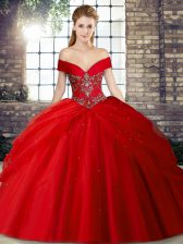  Lace Up Quince Ball Gowns Red for Military Ball and Sweet 16 and Quinceanera with Beading and Pick Ups Brush Train