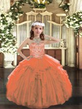 Top Selling Floor Length Orange Little Girl Pageant Dress Halter Top Sleeveless Lace Up
