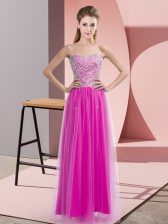 Latest Fuchsia Lace Up Dress for Prom Beading Sleeveless Floor Length