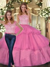  Two Pieces Quince Ball Gowns Hot Pink Scoop Tulle Sleeveless Floor Length Lace Up