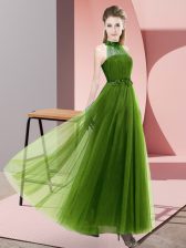  Floor Length Olive Green Vestidos de Damas Halter Top Sleeveless Lace Up