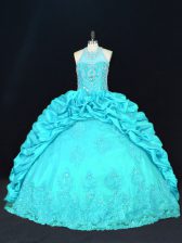 Elegant Aqua Blue Taffeta Lace Up Halter Top Sleeveless Floor Length Quinceanera Gown Beading and Appliques and Embroidery and Pick Ups