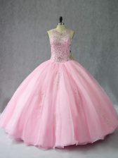 Traditional Baby Pink Sleeveless Floor Length Beading Lace Up 15th Birthday Dress
