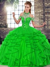  Green Ball Gowns Beading and Ruffles Sweet 16 Quinceanera Dress Lace Up Tulle Sleeveless Floor Length