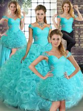 Glittering Aqua Blue Ball Gowns Beading Sweet 16 Dresses Lace Up Fabric With Rolling Flowers Sleeveless Floor Length